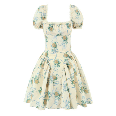 Lemon yellow rose print square neck puff sleeve mini dress