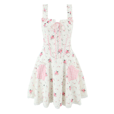 Bow heart pocket herringbone waist rose print dress