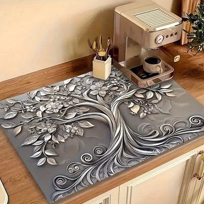 Silver plant stove cover protector – heat resistant floral kitchen counter mat (28.46x20.59”)