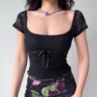 Black lace short-sleeved T-shirt for women in summer slim square collar hot girl top - Thumbnail 3