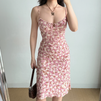 Retro summer print suspender dress