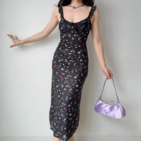 Retro sexy low-cut floral black dress - Thumbnail 2