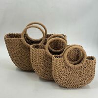  Ladies Vacation Carry-On Bag round Basket Bag Vintage Style Straw Woven Handbag  - Thumbnail 1