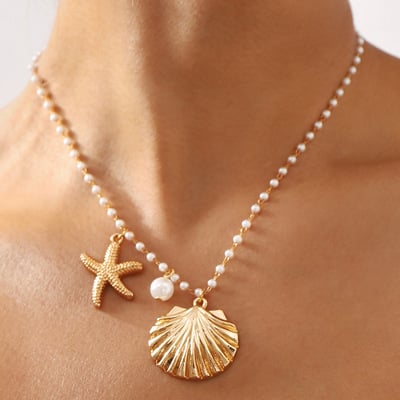 New ocean series pearl necklace starfish shell collarbone chain
