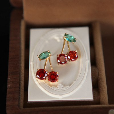 New Fashion Cute Red Cherry Stud Earrings Fashion Charm Crystal Party Birthday Holiday Gift