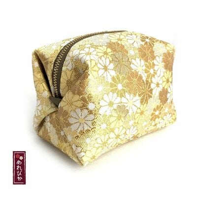 Japanese kinran makeup bag – yellow gold brocade with floral motif (pc0005-03-ky)