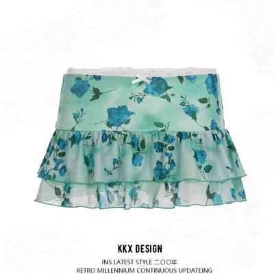 Small fresh printed mesh low waist cake skirt