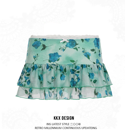 Small fresh printed mesh low waist cake skirt