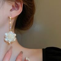 Sweet acrylic flower studded diamond long ear hook earrings - Thumbnail 3