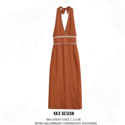 Street fashion embroidered midi halter neck dress