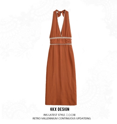 Street Fashion Embroidered Midi Halter Neck Dress