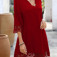 Women's dress casual and elegant medium long sleeved V-neck solid color - Thumbnail 1
