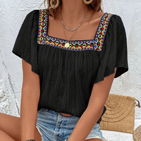 summer vacation lace embroidered square neck shirt  - Thumbnail 3