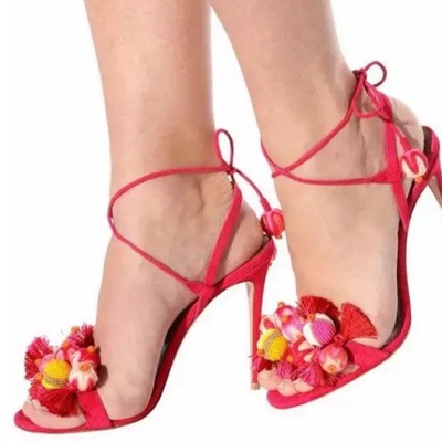 Women Summer Knitting Wool Ball Sandals Straight Strap High Heels Ankle Band Sexy Shoes