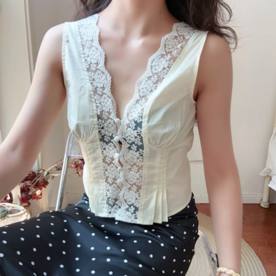 Lace v-neck single-breasted sleeveless waist shirt top - Thumbnail 2