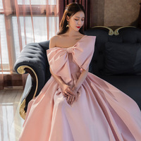  New Single Shoulder Wedding Toast Dress, Engagement Bow Style, Student Graduation Host Evening Dress - Thumbnail 1