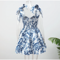 Vintage Blue Floral Lace-Up A-Line Dress - Thumbnail 5