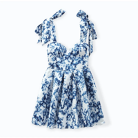 Vintage Blue Floral Lace-Up A-Line Dress - Thumbnail 6