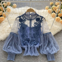 Korean Style Summer Elegant Lace Blouses Casual Long Sleeve Tops - Thumbnail 2
