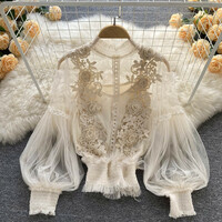 Korean Style Summer Elegant Lace Blouses Casual Long Sleeve Tops - Thumbnail 7