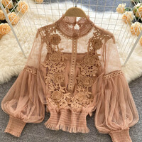 Korean Style Summer Elegant Lace Blouses Casual Long Sleeve Tops - Thumbnail 8