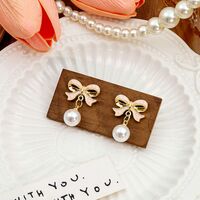 Women Fashion Elegant Pink Bow With Pearl Studs Earring /ear Clips - Thumbnail 1