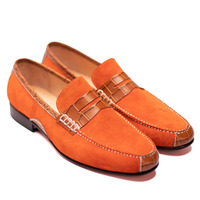 Crafted Leather Handmade Men Orange Suede Crocodile/Alligator Strap Leather Loafers Dress Shoes  - Thumbnail 5