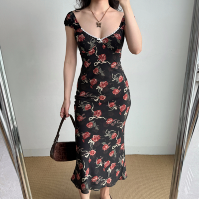 Vintage rose print low cut fitted dress holiday maxi dress