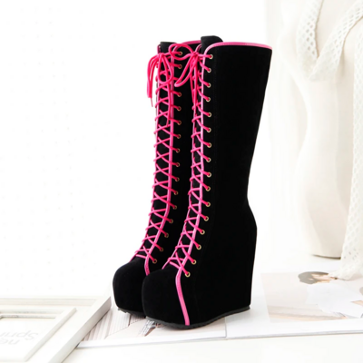 Platform lace up fashion knee high boots