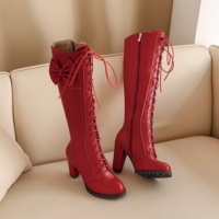Sweet Bow Knee High PU Leather Boots for Women - Thumbnail 4