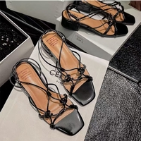 Gold Square Toe Flat Heel Braided Strap Sandals - Thumbnail 7