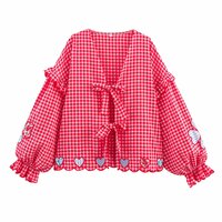 Fashionable and simple heart check embroidered lace-up shirt - Thumbnail 2