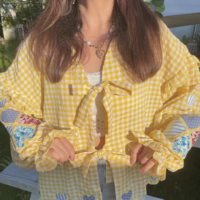 Fashionable and simple heart check embroidered lace-up shirt - Thumbnail 5