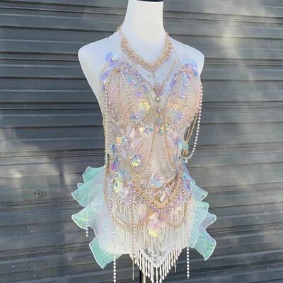 Purple rhinestone shiny mermaid swimsuit performance costume - Thumbnail 1