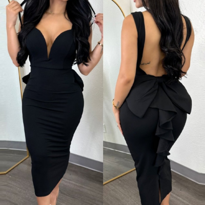 Solid color backless ruffle edge splicing v-neck slim dress