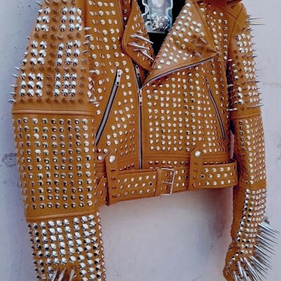 Crafted leather men classy brown leather studded jacket with silver studs and spikes
