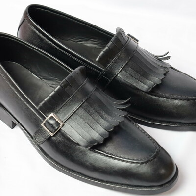 Crafted leather handmade men black leather fringes monk strap dress shoes