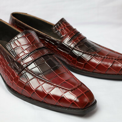 Crafted leather handmade men burgundy blak crocodile leather moccasin loafers dress shoes