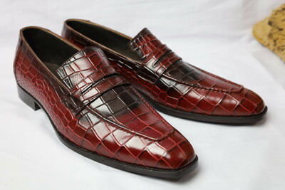 Crafted Leather Handmade Men Burgundy Blak Crocodile Leather Moccasin Loafers Dress Shoes