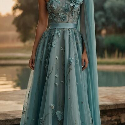 Blue mermaid prom dresses handmade flowers evening gowns formal party gowns - Thumbnail 3