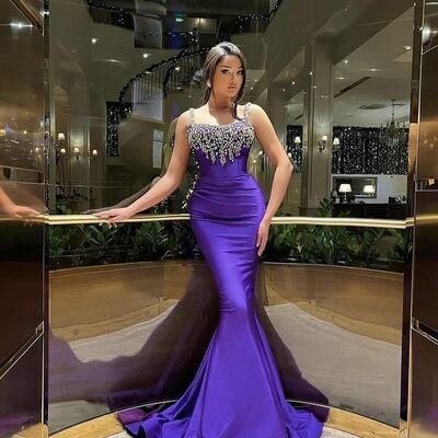 Purple sheath prom dresses beading crystals evening gowns formal party gowns - Thumbnail 1