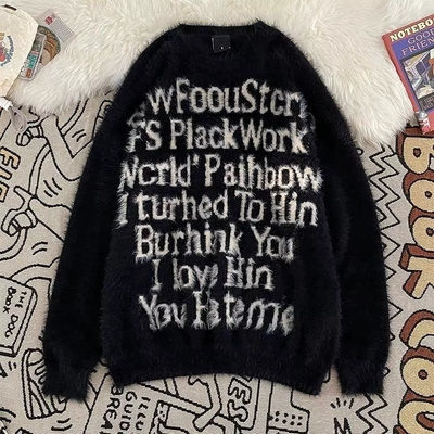 New american lettered loose pullover laid-back style knitted sweater top - Thumbnail 1