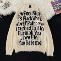 New American lettered loose pullover laid-back style knitted sweater top - Thumbnail 1