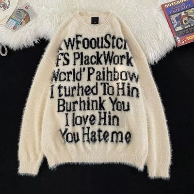New american lettered loose pullover laid-back style knitted sweater top