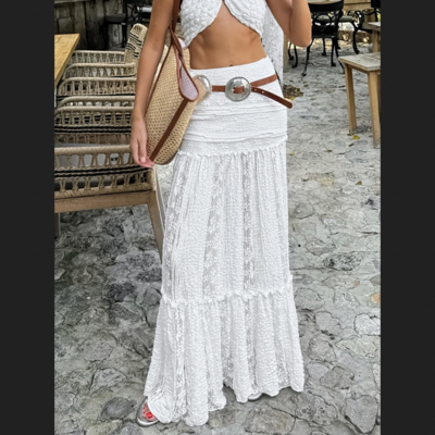  elastic waist boho lace maxi skirt