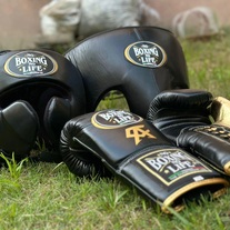 New Custom Genuine Cowhide Leather No Boxing No Life Boxing Gloves Set Head Guard And Groin Guard Cup Protector ( Black )