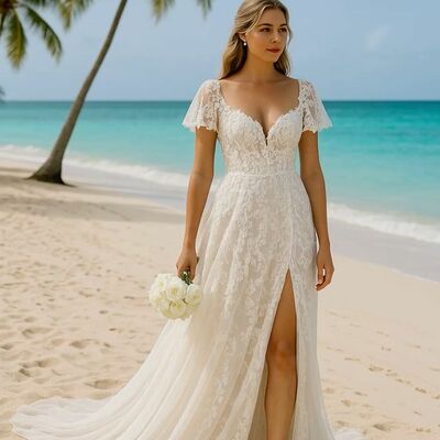 Simple wedding dress, sexy lace appliques beach boho bridal dress bridal gown - Thumbnail 1