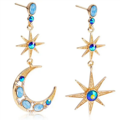 Celestial blue crystal moon and star earrings