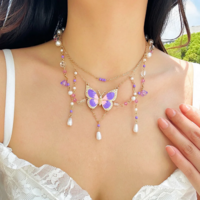 Elegant Imitation Pearl Butterfly Pendant Necklace  - Thumbnail 1