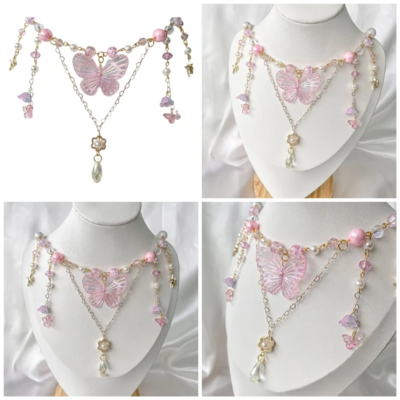 Multilayer butterfly & heart pendant tassel chain necklace